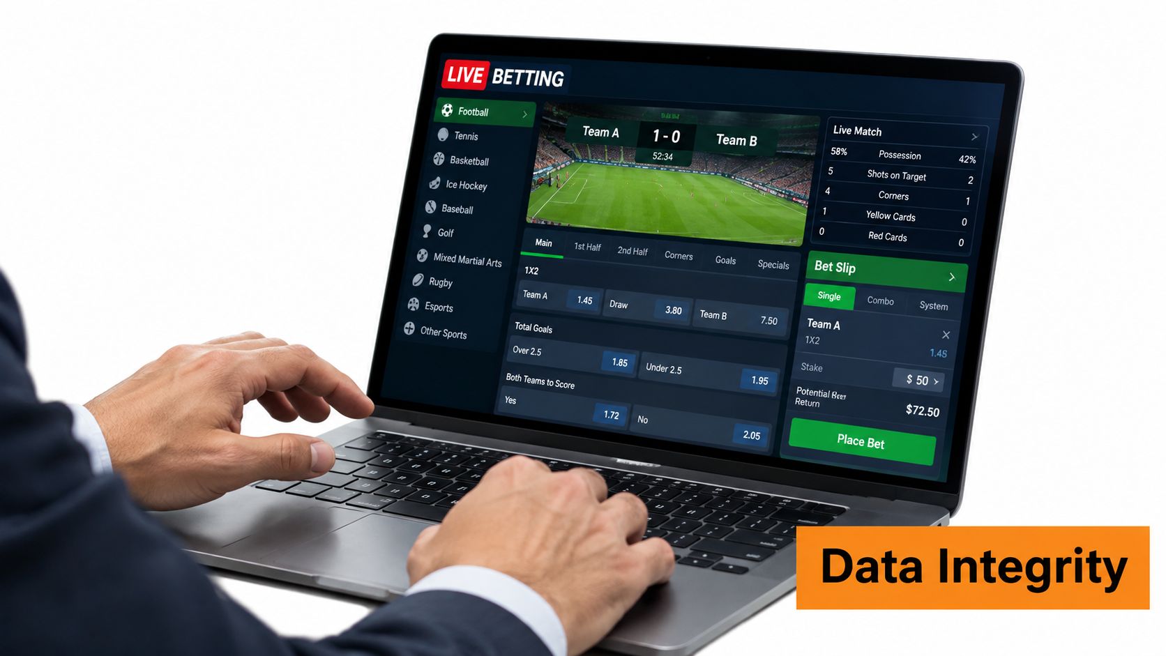 A person using a laptop to place an online sports bet on a live football match.