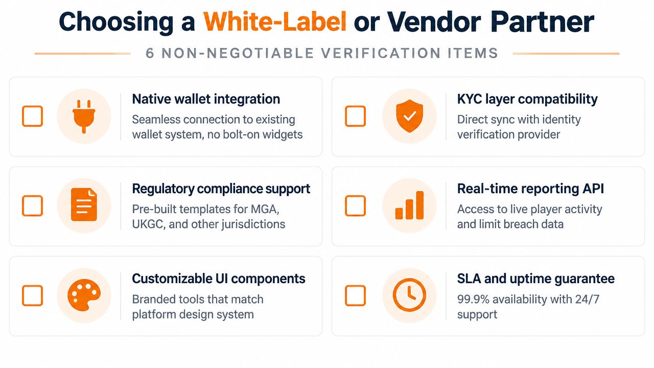 A checklist infographic titled Choosing a White-Label or Vendor Partner outlining six essential verification items for business platforms.