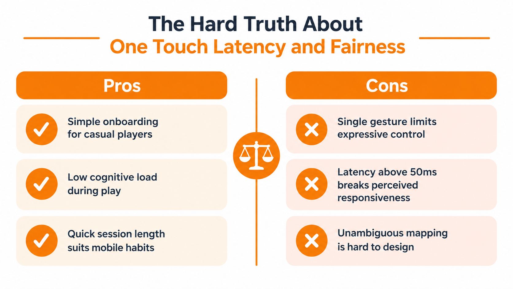 A comparison chart showing the pros and cons of one-touch mobile game design and latency implications.