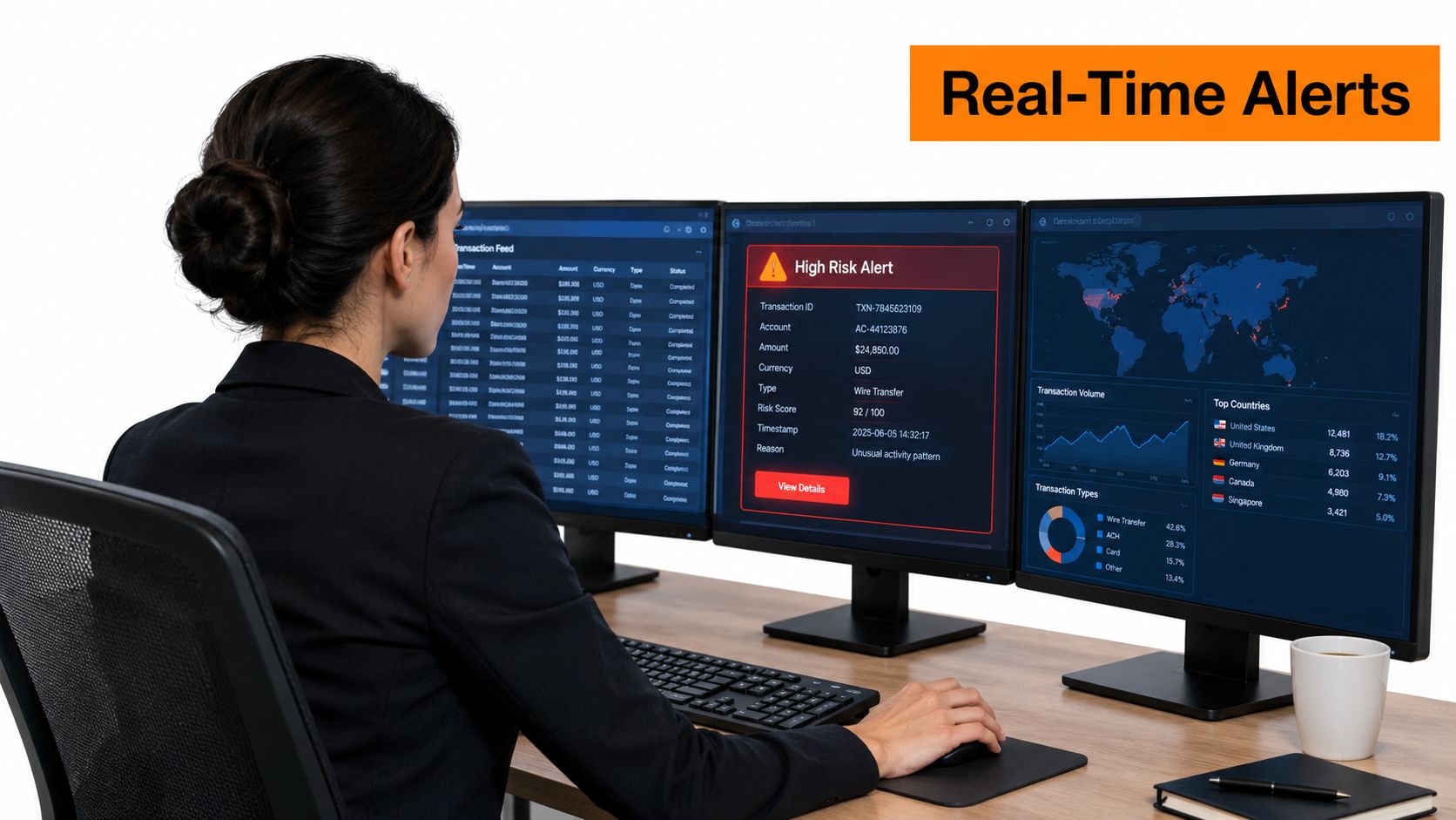A professional analyst monitoring global financial transactions on multiple computer screens for potential security risks and fraud.