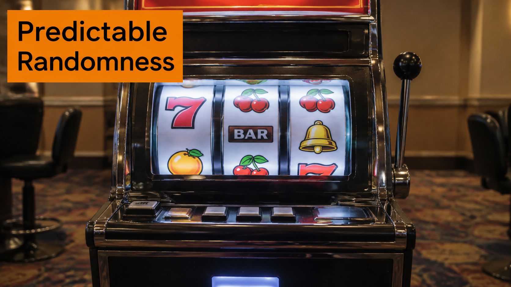 A classic casino slot machine with spinning reels featuring cherries, a number seven, and a bell.