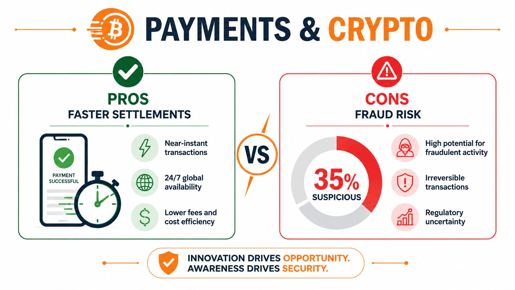 A comparison infographic showing pros and cons of using cryptocurrency for payments in online casino gaming platforms.