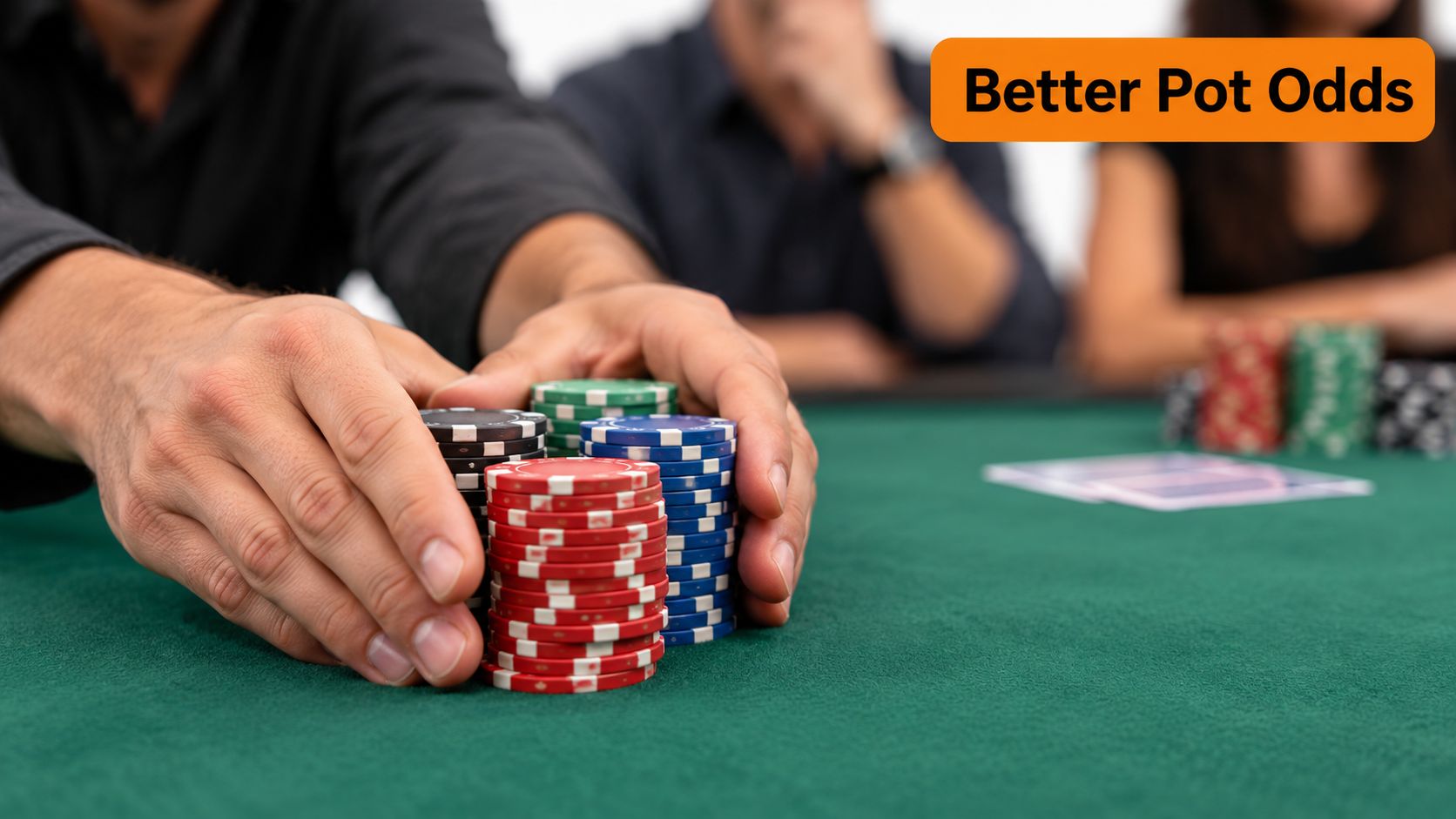 A close up view of a poker player making a bet with chips on a green felt table.