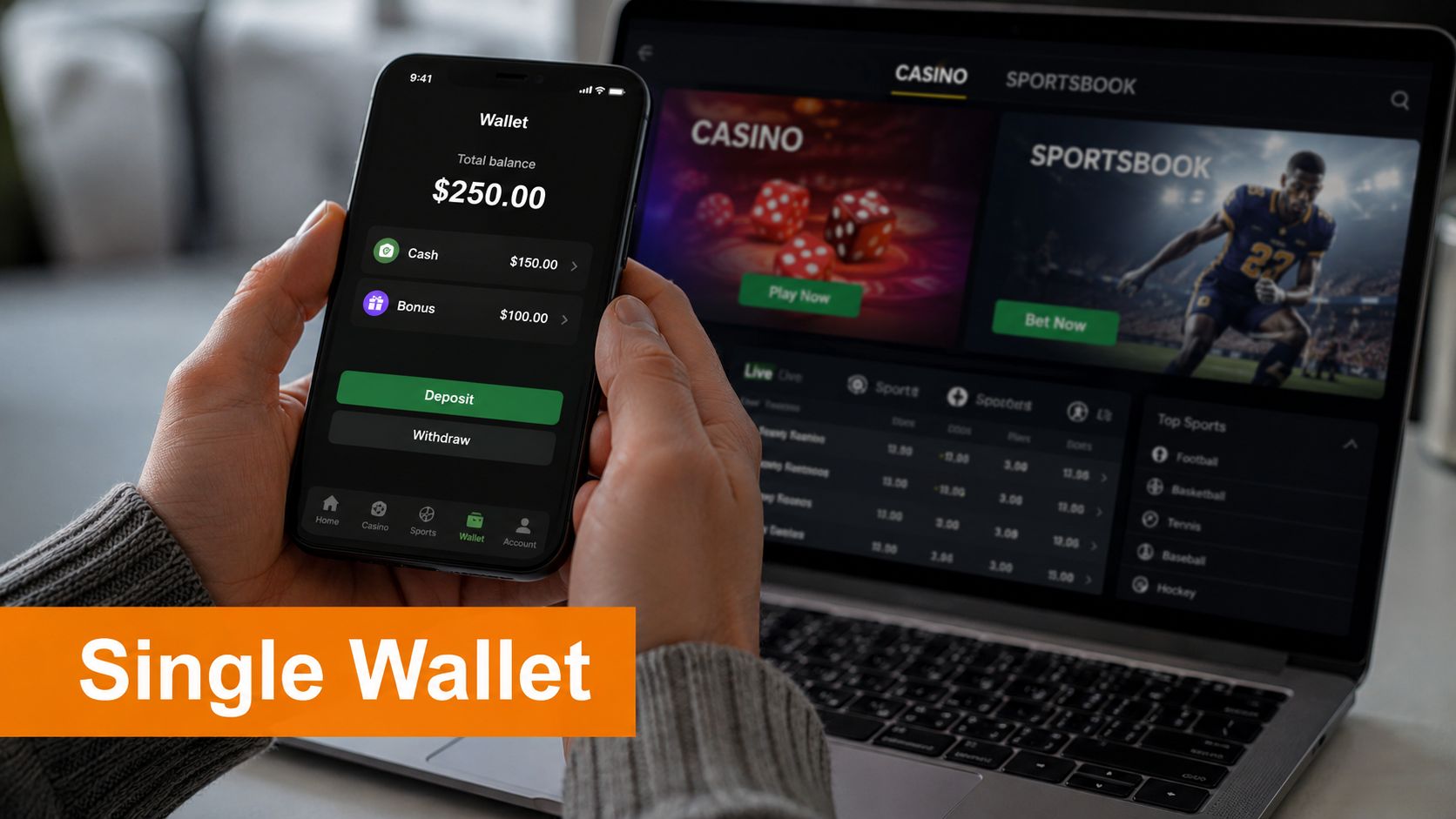A person using a smartphone and laptop to manage a single digital wallet for sports betting and casino gaming.
