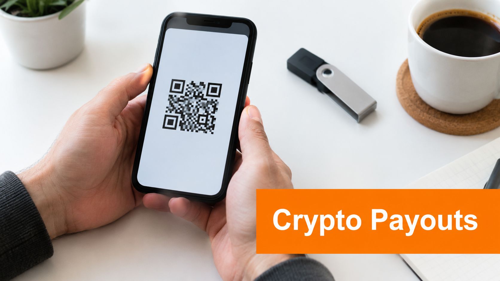 A person holding a smartphone displaying a QR code for secure cryptocurrency transactions on a desk.