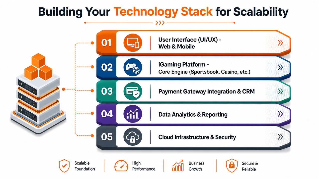 A diagram illustrating a scalable technology stack for an iGaming platform including UI, core engine, and security.
