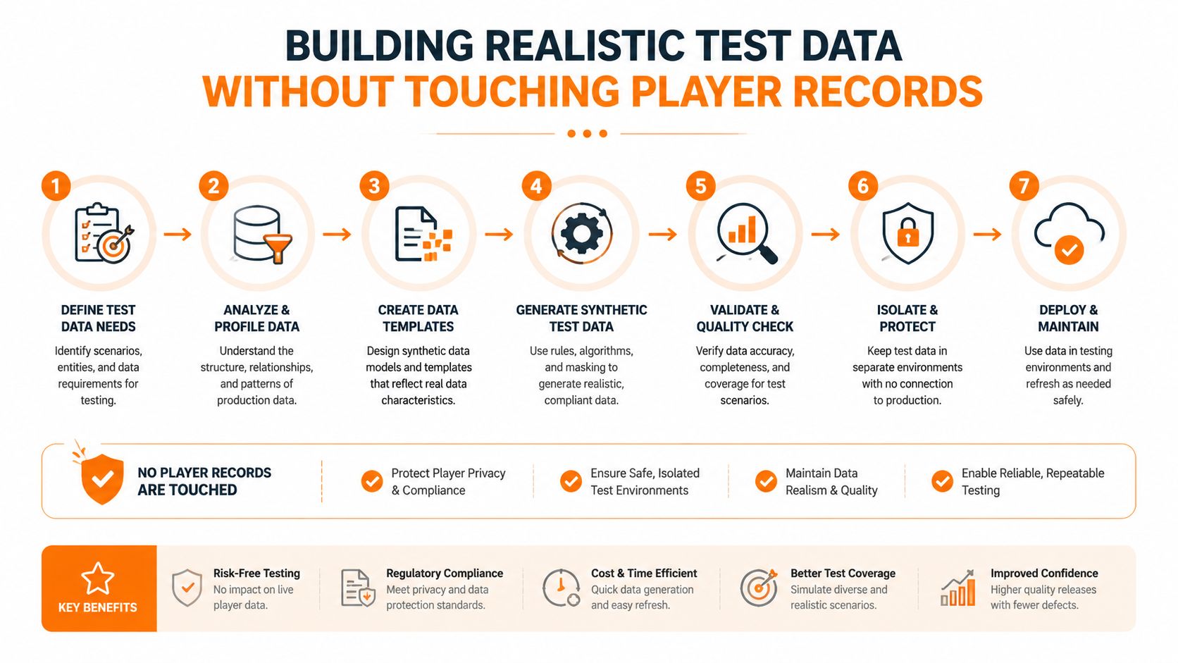 A seven-step process diagram illustrating how to build realistic test data without accessing player records.