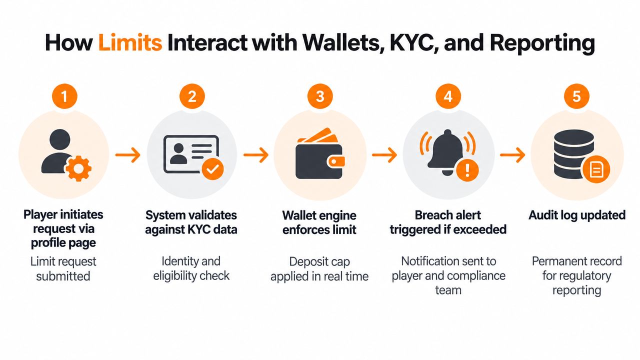 A five-step flowchart illustrating how responsible gaming limits interact with player wallets, KYC data, and compliance reporting.