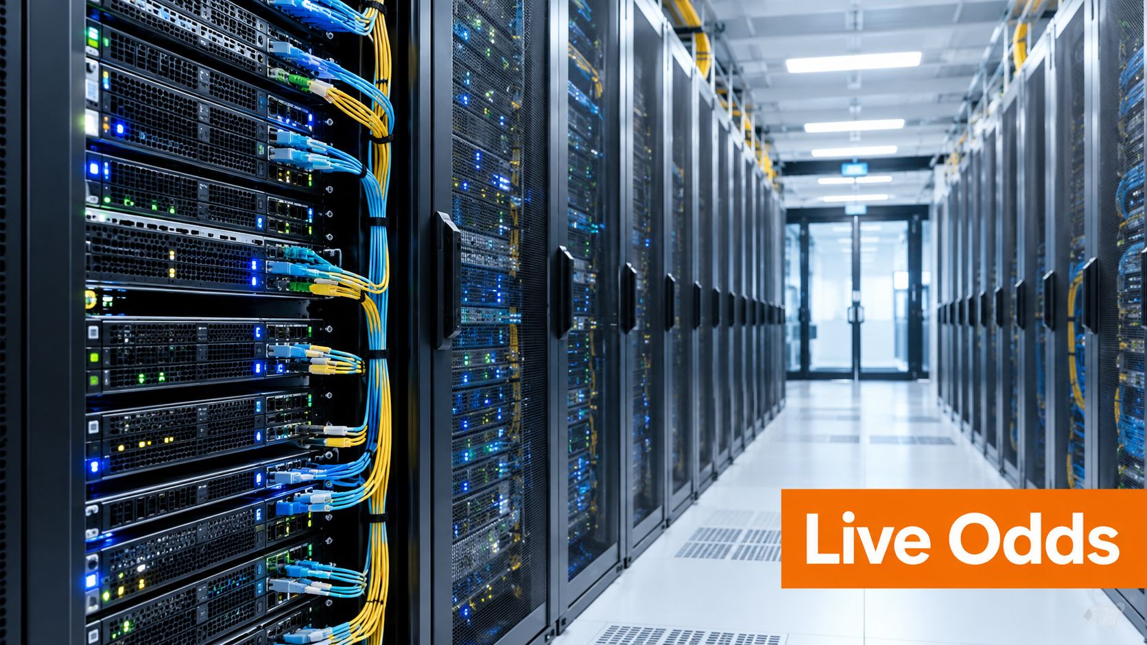 A modern data center server room with rows of black server racks and network cabling