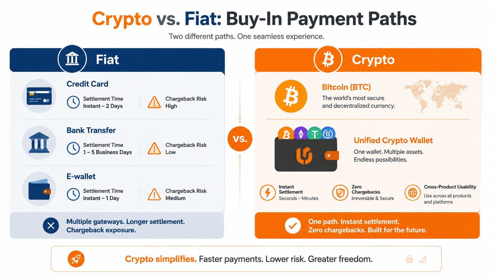 A comparison infographic showing the differences between traditional fiat payment methods and cryptocurrency buy-in payment paths.