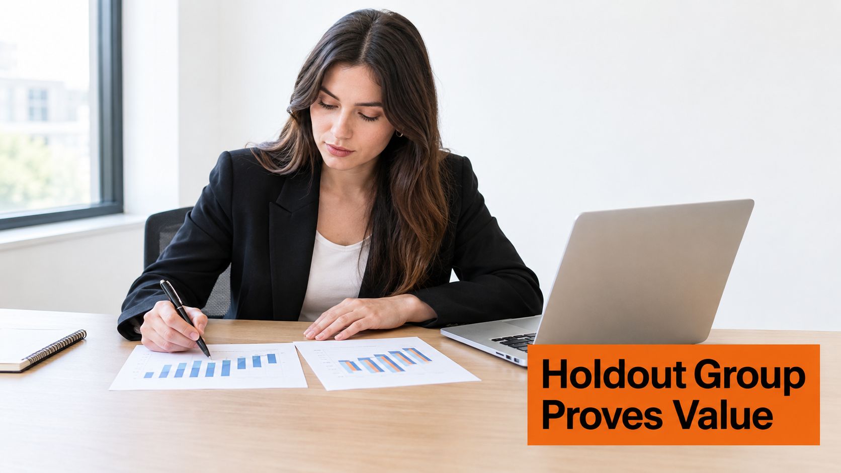A professional woman in a business suit analyzing data charts at her office desk with a laptop.