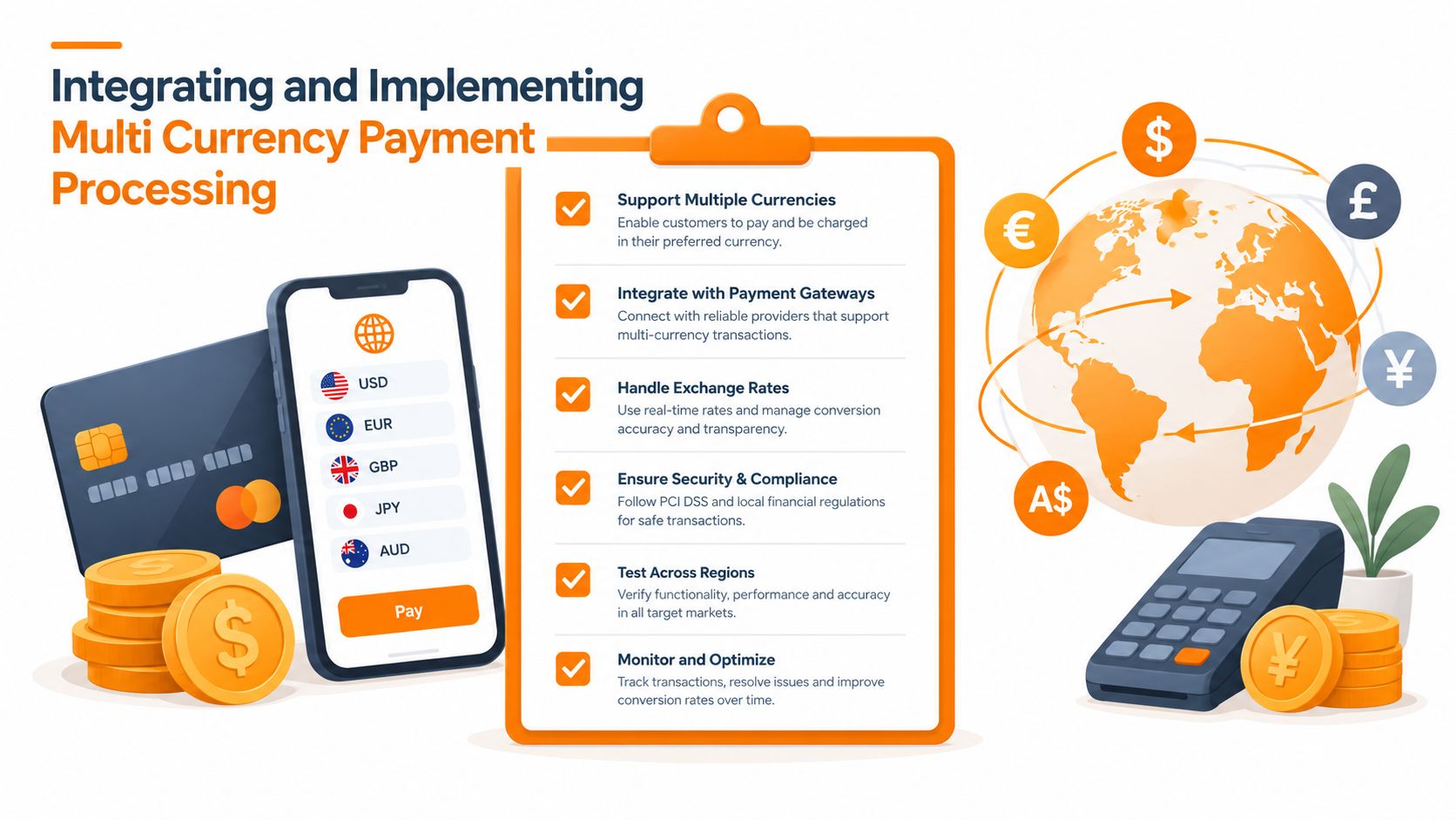 An infographic detailing steps for integrating and implementing multi currency payment processing on digital platforms.