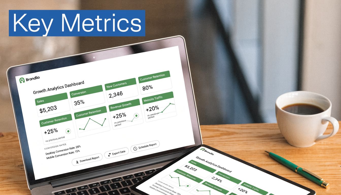A laptop and tablet displaying a Brandlio digital marketing analytics dashboard on a wooden desk.