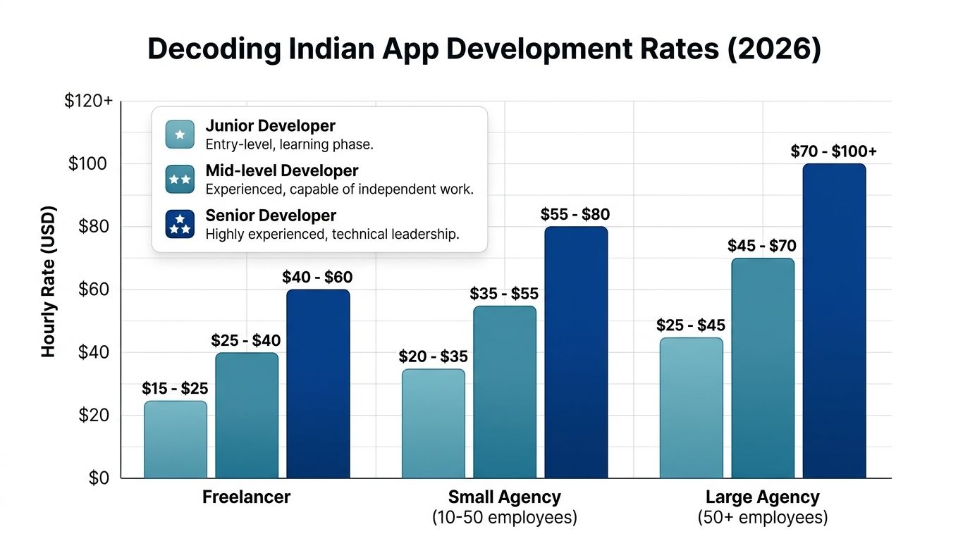 A chart showing hourly Indian mobile app development rates for various experience levels and company sizes in 2026.