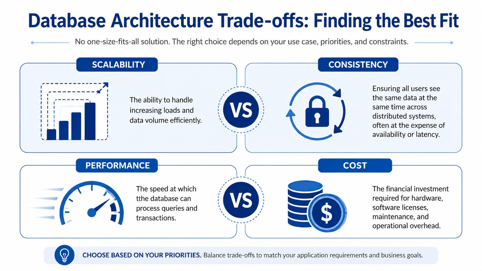 An infographic illustrating the key trade-offs in database architecture including scalability, consistency, performance, and cost factors.