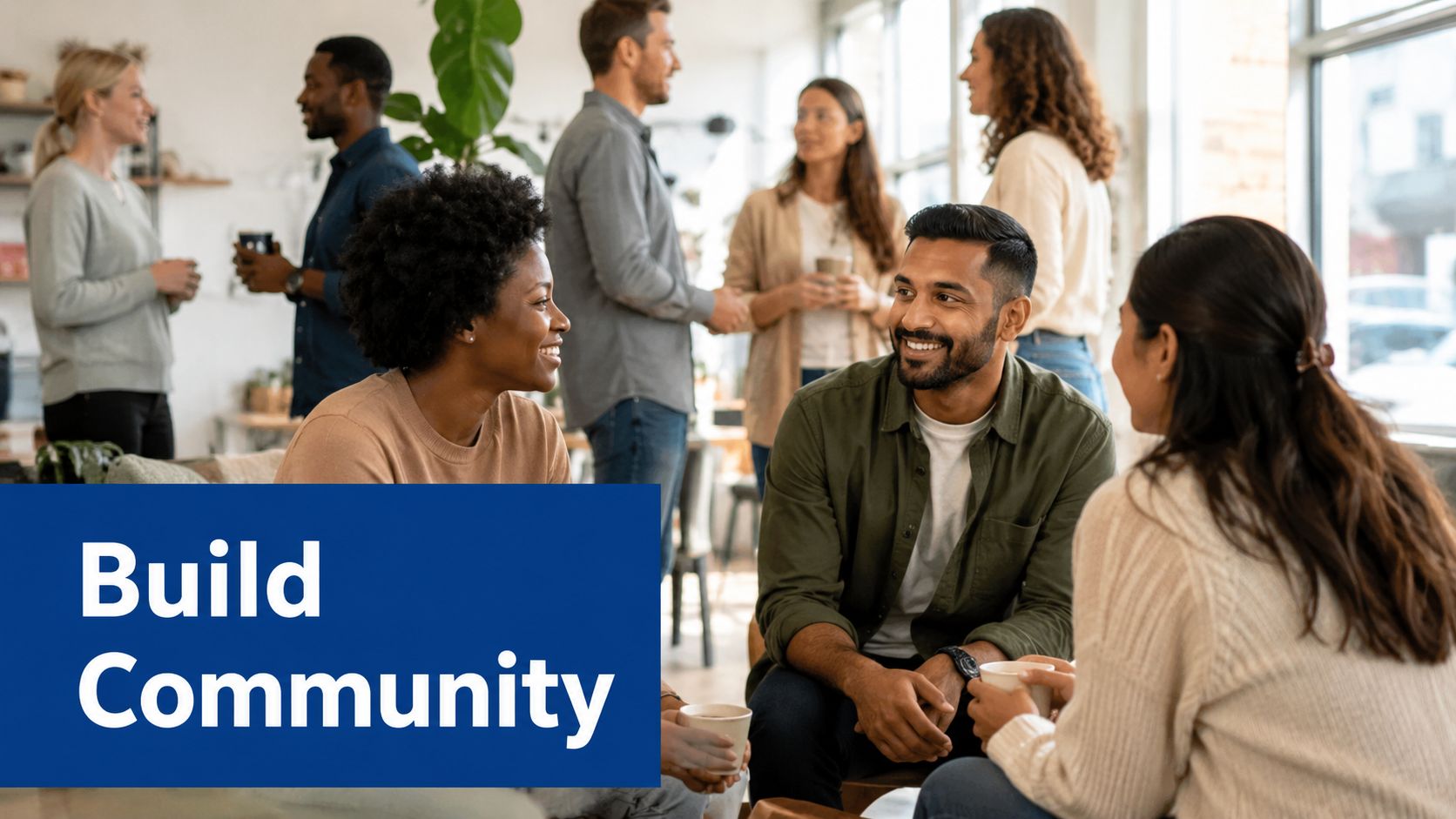 A diverse group of professional colleagues socializing and networking while drinking coffee in an office setting.