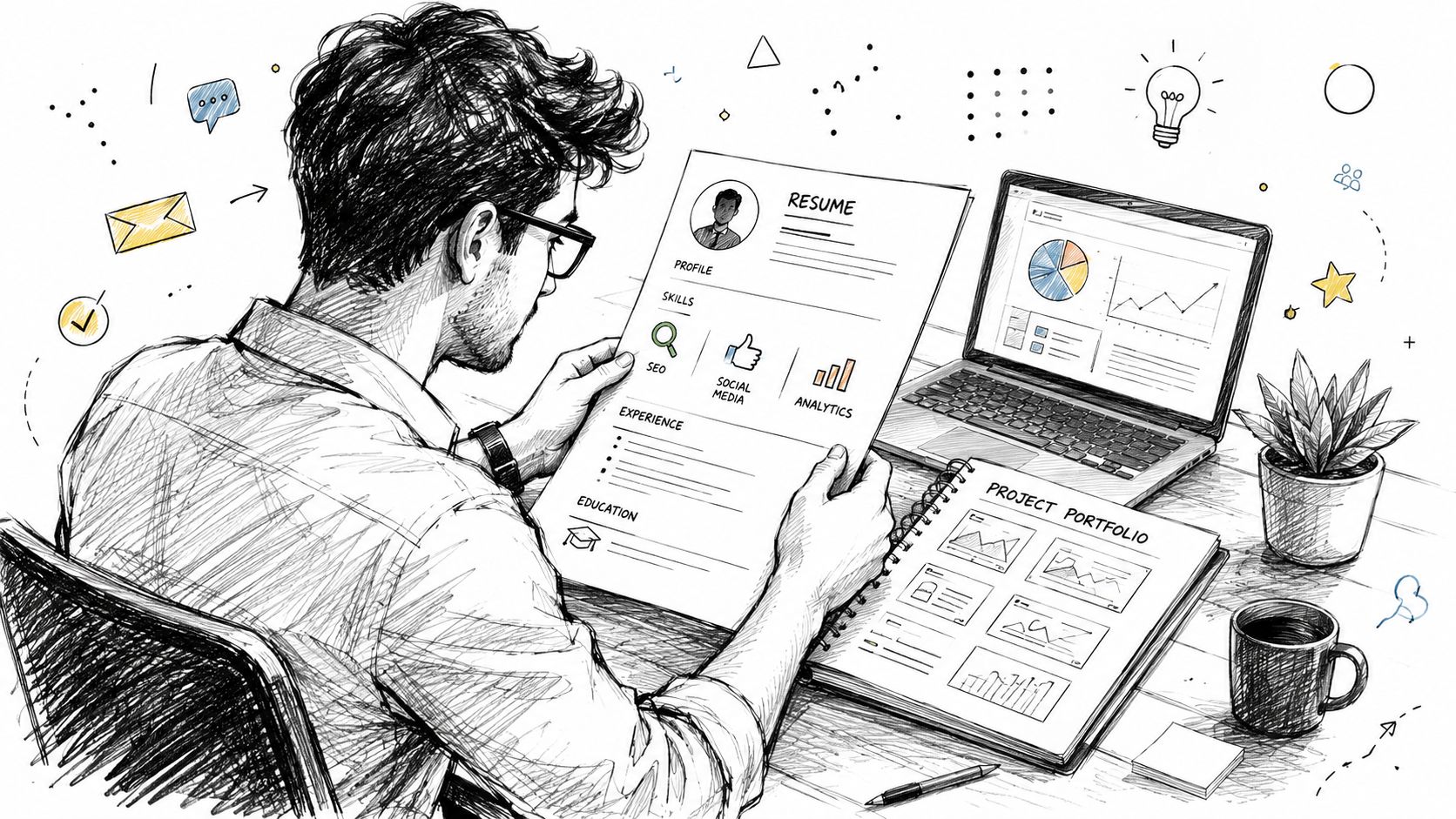 A professional analyzing a resume and project portfolio while working on a digital marketing strategy laptop.