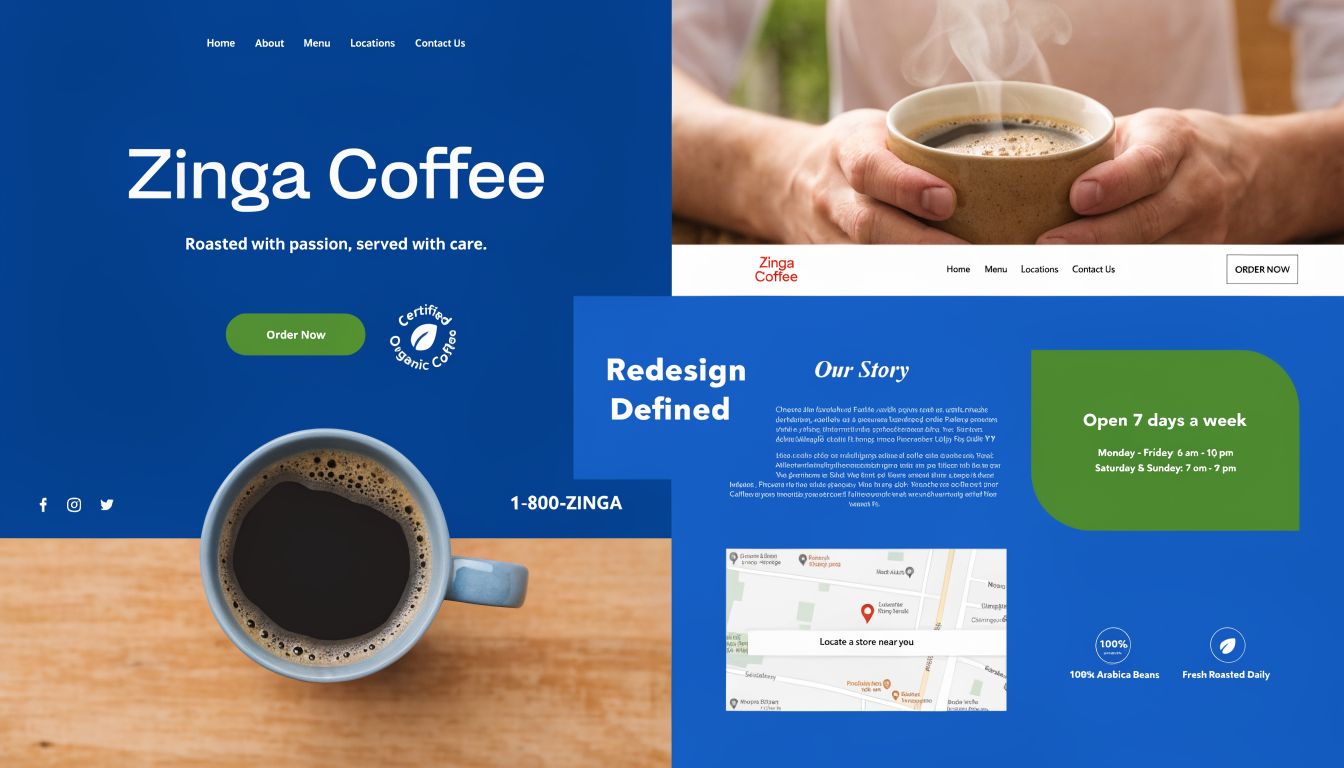 A dual-pane view of a modern Zinga Coffee website redesign featuring coffee imagery, contact details, and store hours.