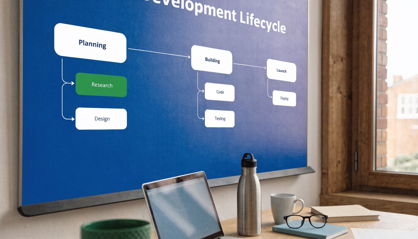 A whiteboard displays a flow chart of a software development lifecycle in a modern office workspace.