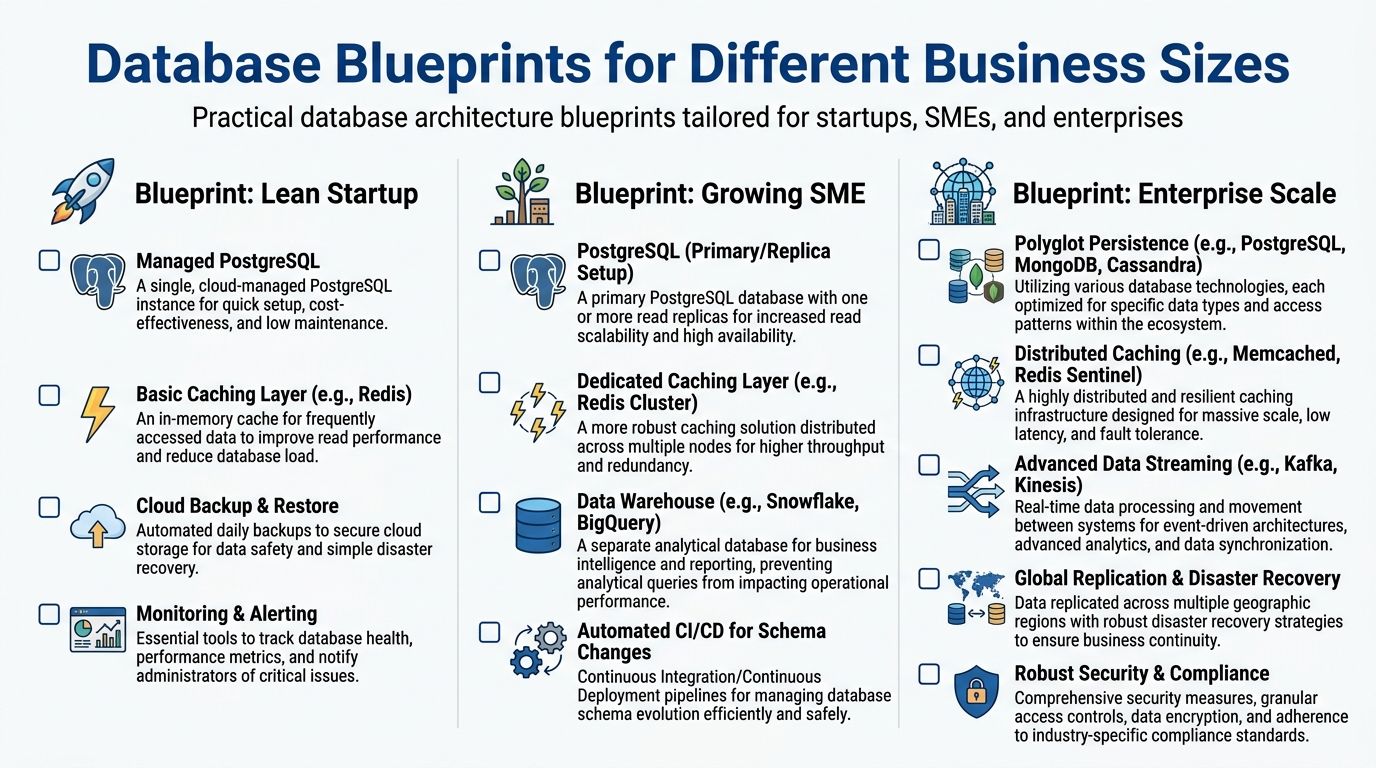 A diagram outlining database architecture blueprints categorized by business sizes including lean startup, growing SME, and enterprise.