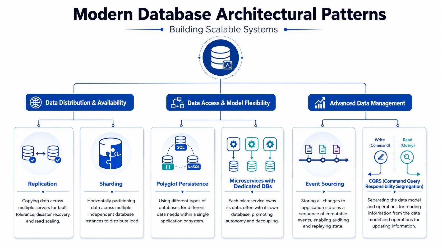 A diagram illustrating modern database architectural patterns for building scalable systems, including distribution, model flexibility, and management.