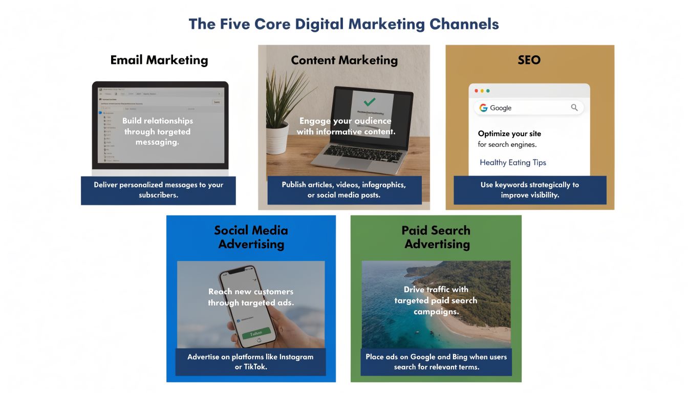 An infographic showing the five core digital marketing channels: Email, Content, SEO, Social Media, and Paid Search.