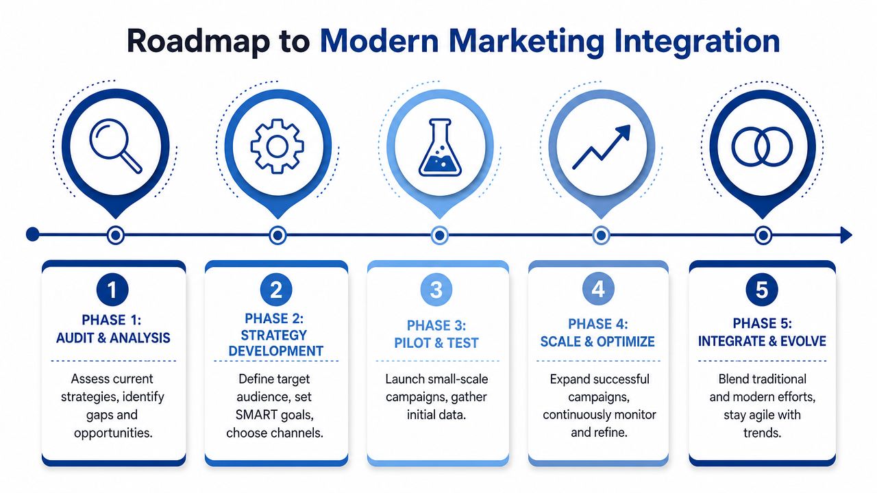 A five-step roadmap infographic for modern marketing integration, showing phases from audit to evolution.