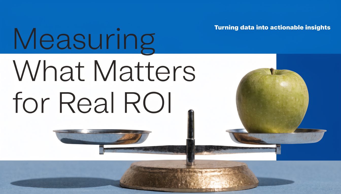 A conceptual image showing an apple on a balancing scale representing measuring ROI and business value.