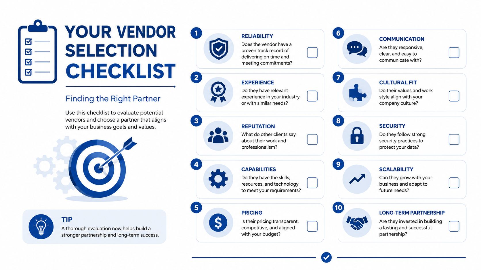 A vendor selection checklist infographic showing ten key criteria to evaluate when finding the right business partner.