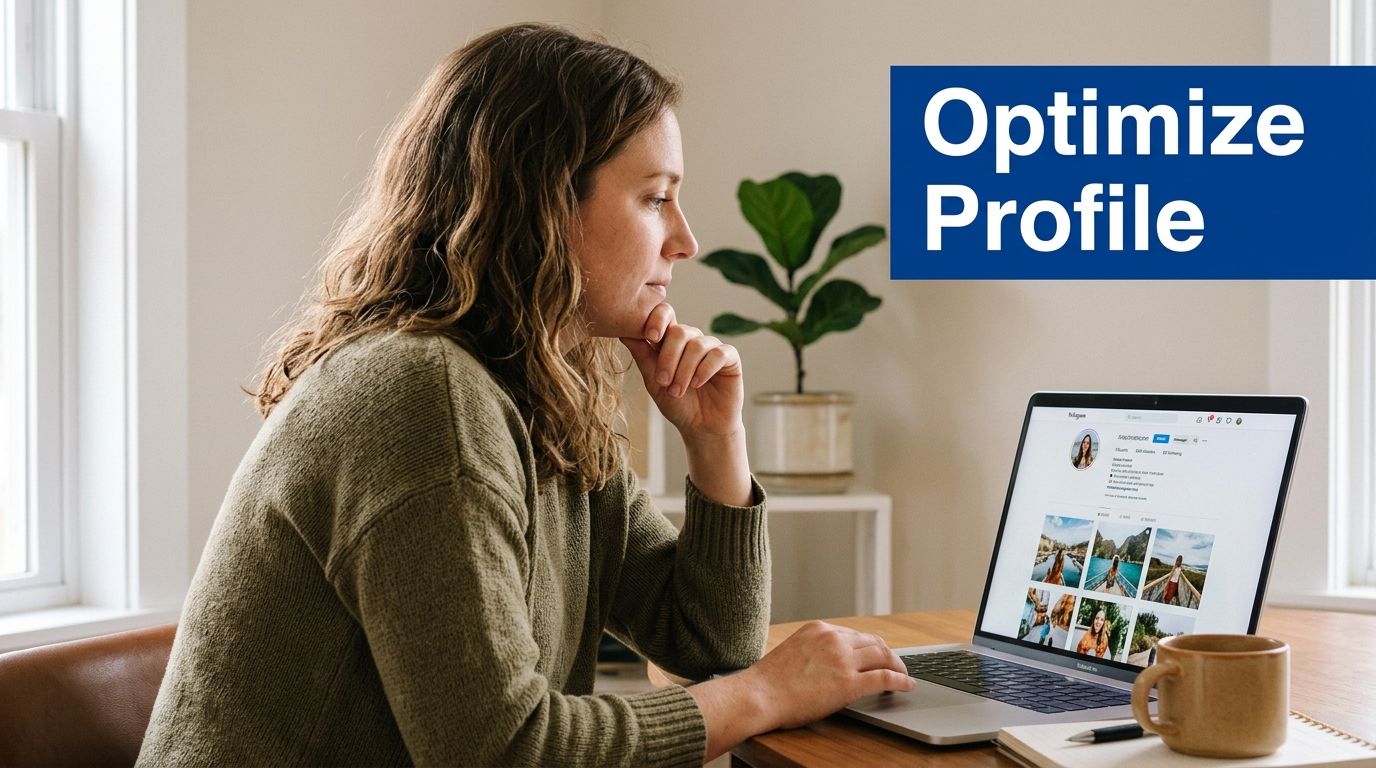 A woman looks at her Instagram profile on a laptop to learn how to grow followers organically.