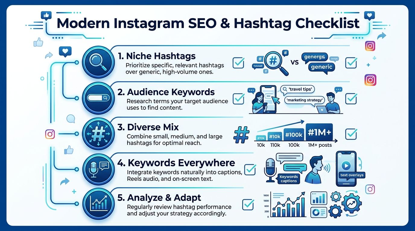 An infographic detailing five key steps for Instagram SEO and hashtag strategy optimization for content creators.