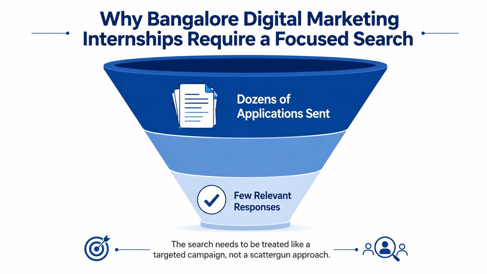 A funnel diagram illustrating that sending many digital marketing internship applications results in few relevant responses.