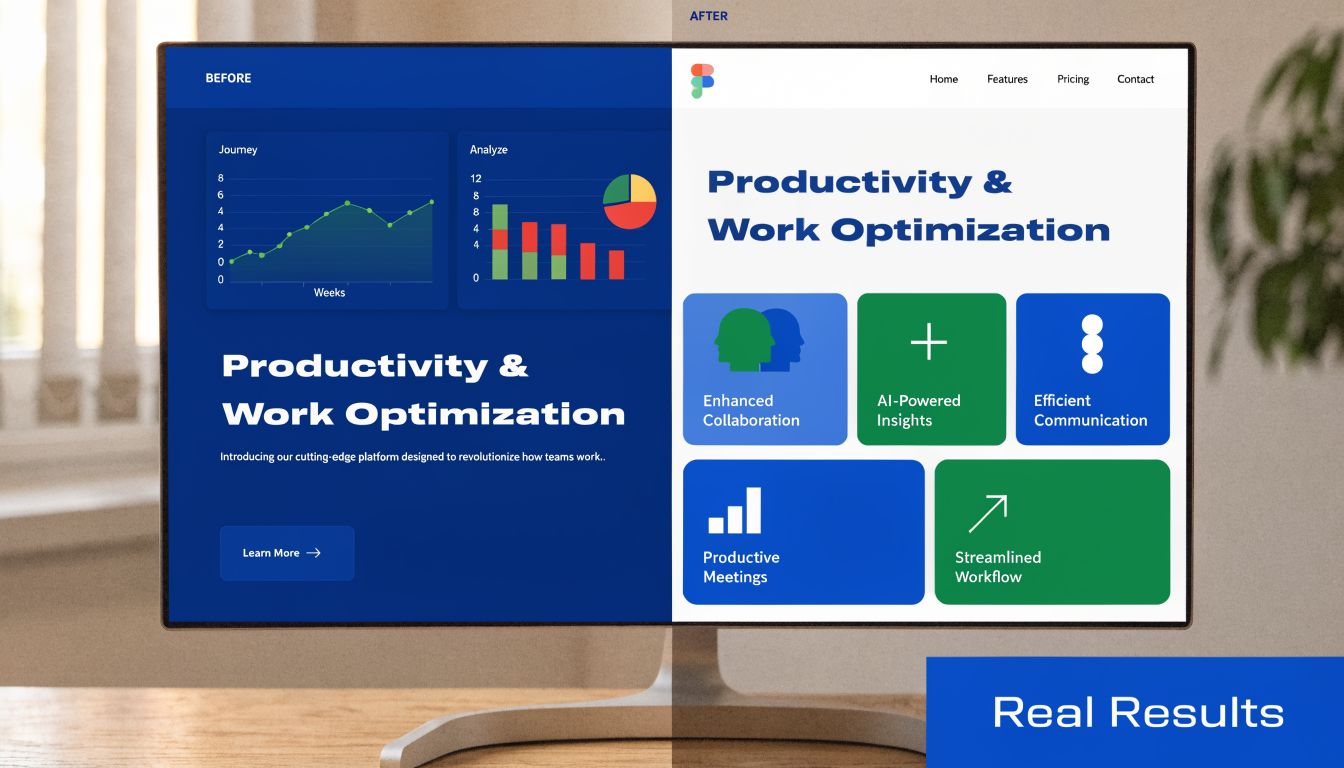 A side-by-side comparison showing a website redesign service transformation for a productivity software platform.