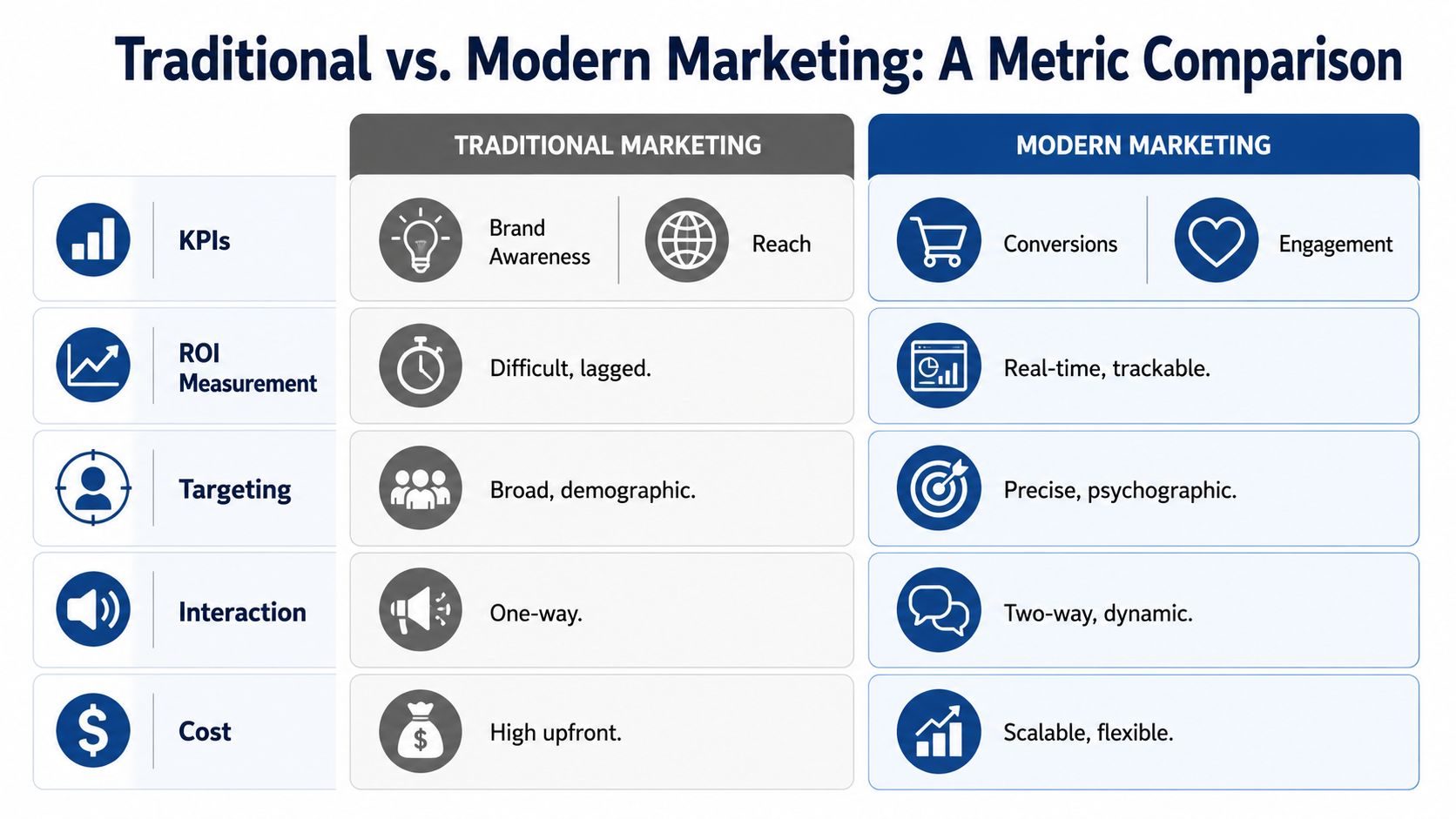 A comparison chart showing differences between traditional and modern marketing strategies across five key business metrics.