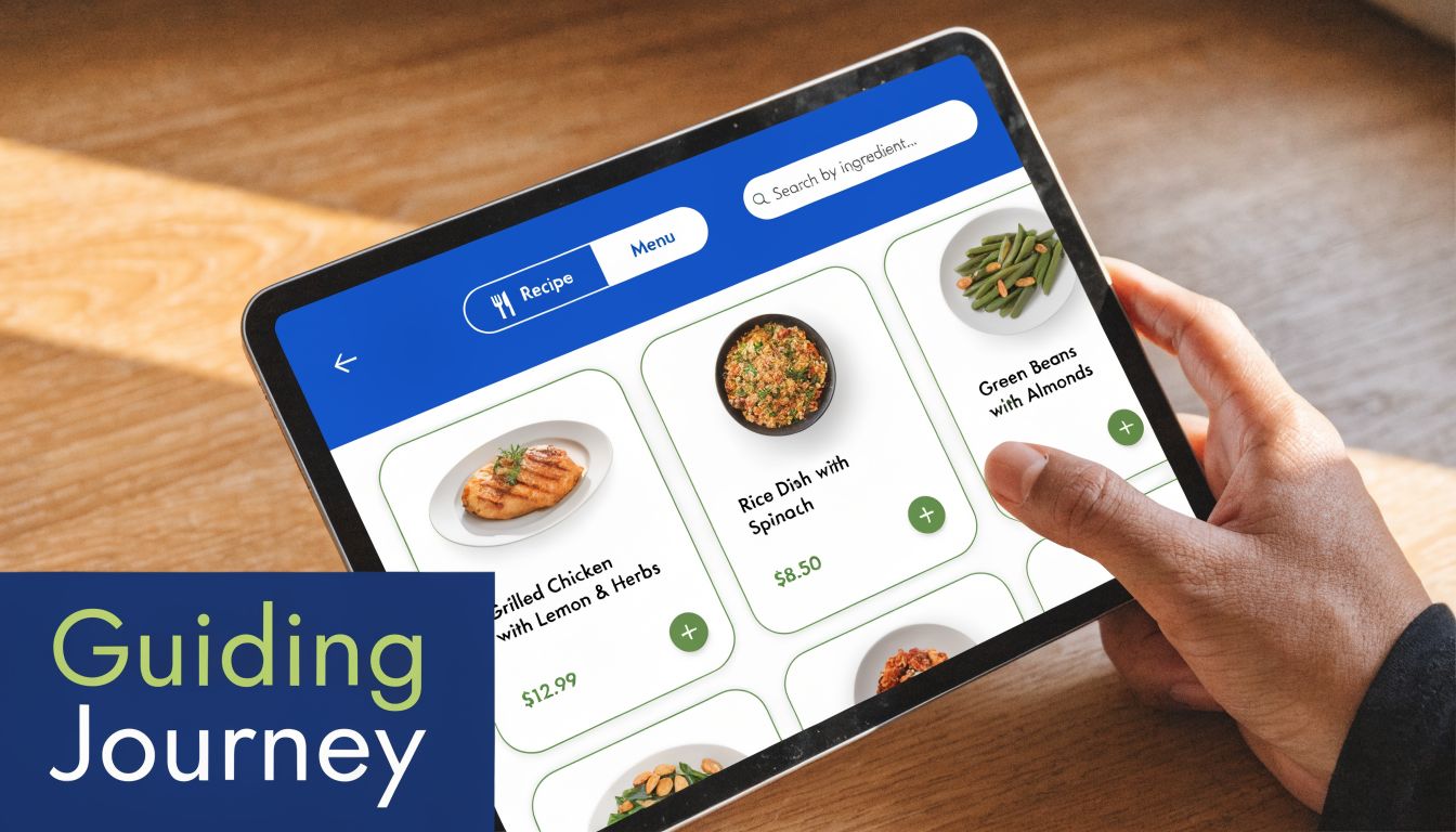 A hand holding a tablet displaying a clean food ordering app interface with menu items.