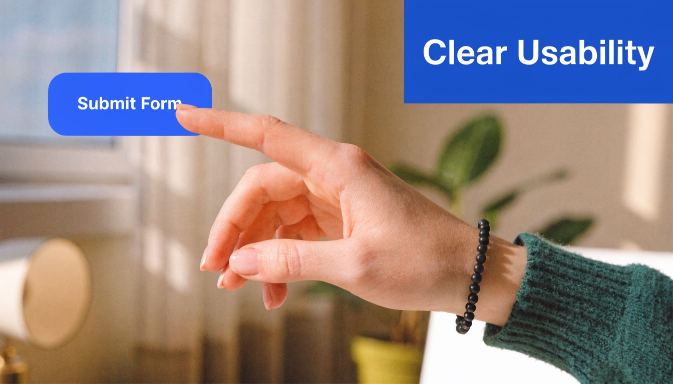A hand pointing at a blue Submit Form button with the text Clear Usability overlaid above.