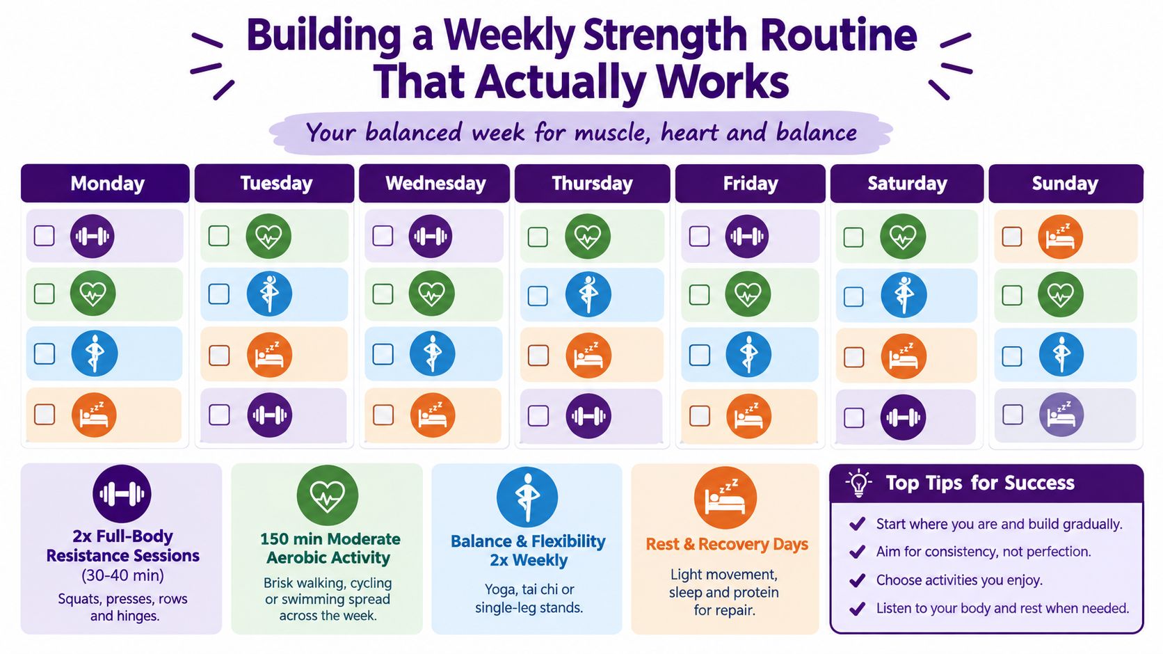 A weekly exercise planner featuring strength, aerobic, balance, and recovery activities for balanced physical health.