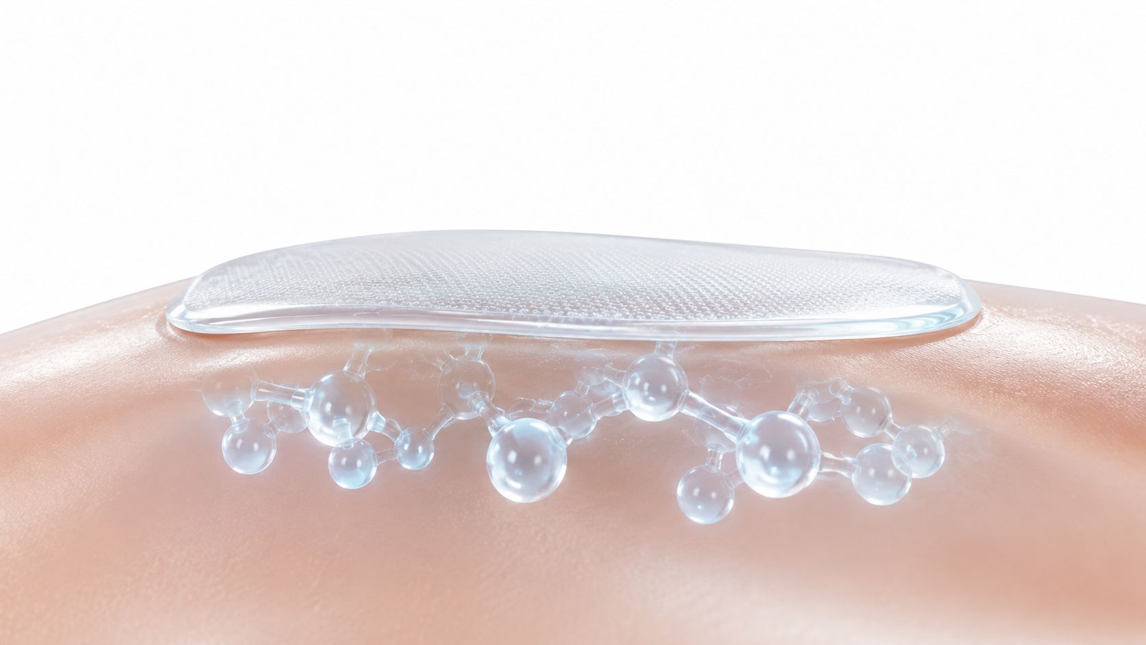 A close-up view of a clear adhesive medical patch applied to skin with a molecular structure underneath.