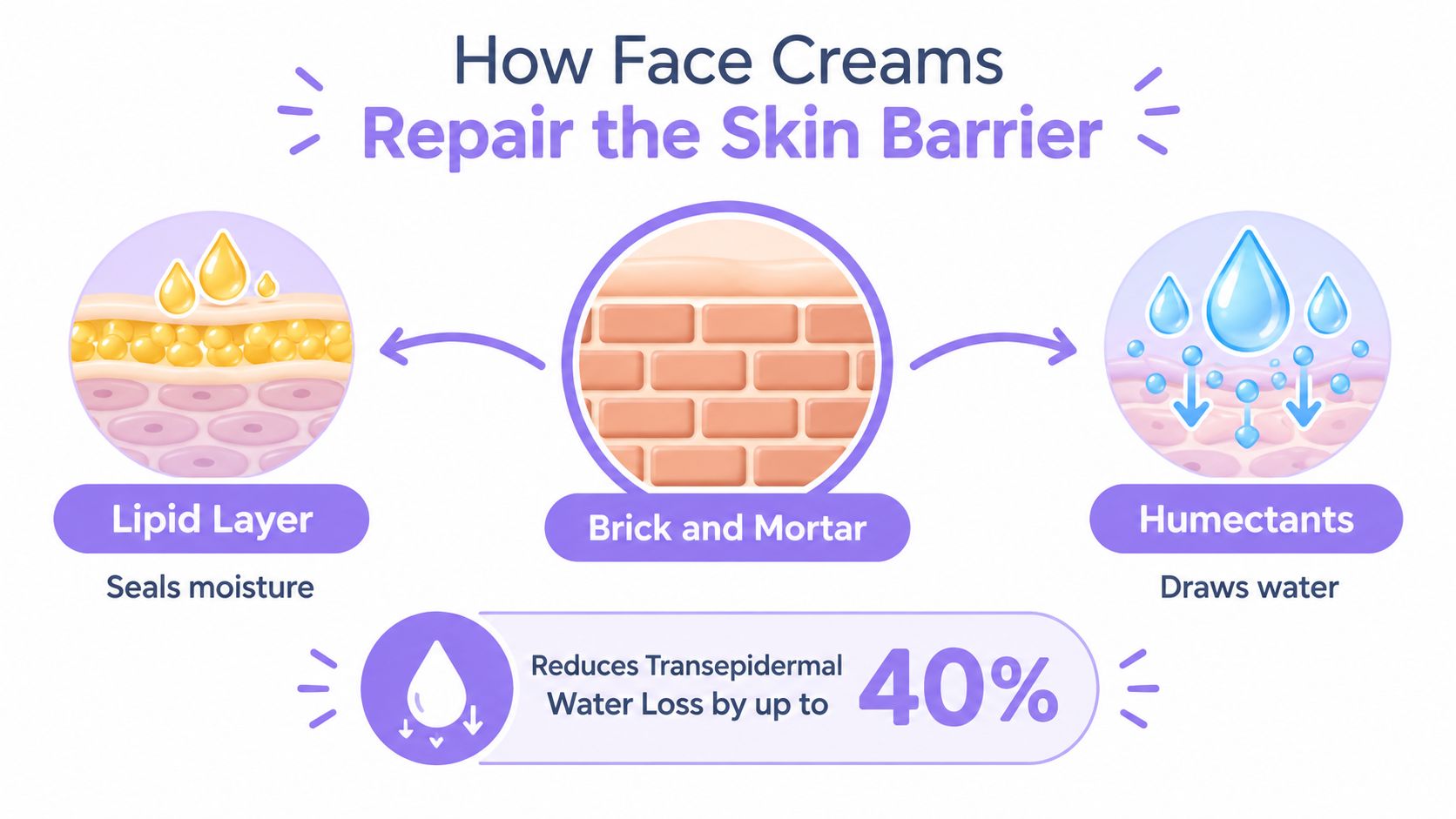A diagram illustrating how face creams repair the skin barrier using lipid layers and humectants.