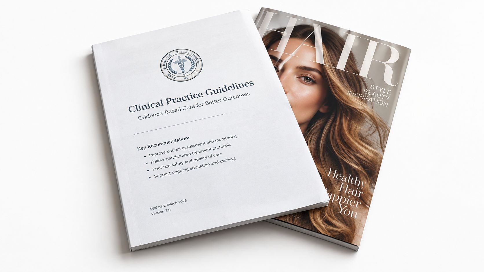 A professional document on clinical practice guidelines lying beside a lifestyle magazine about hair styling.
