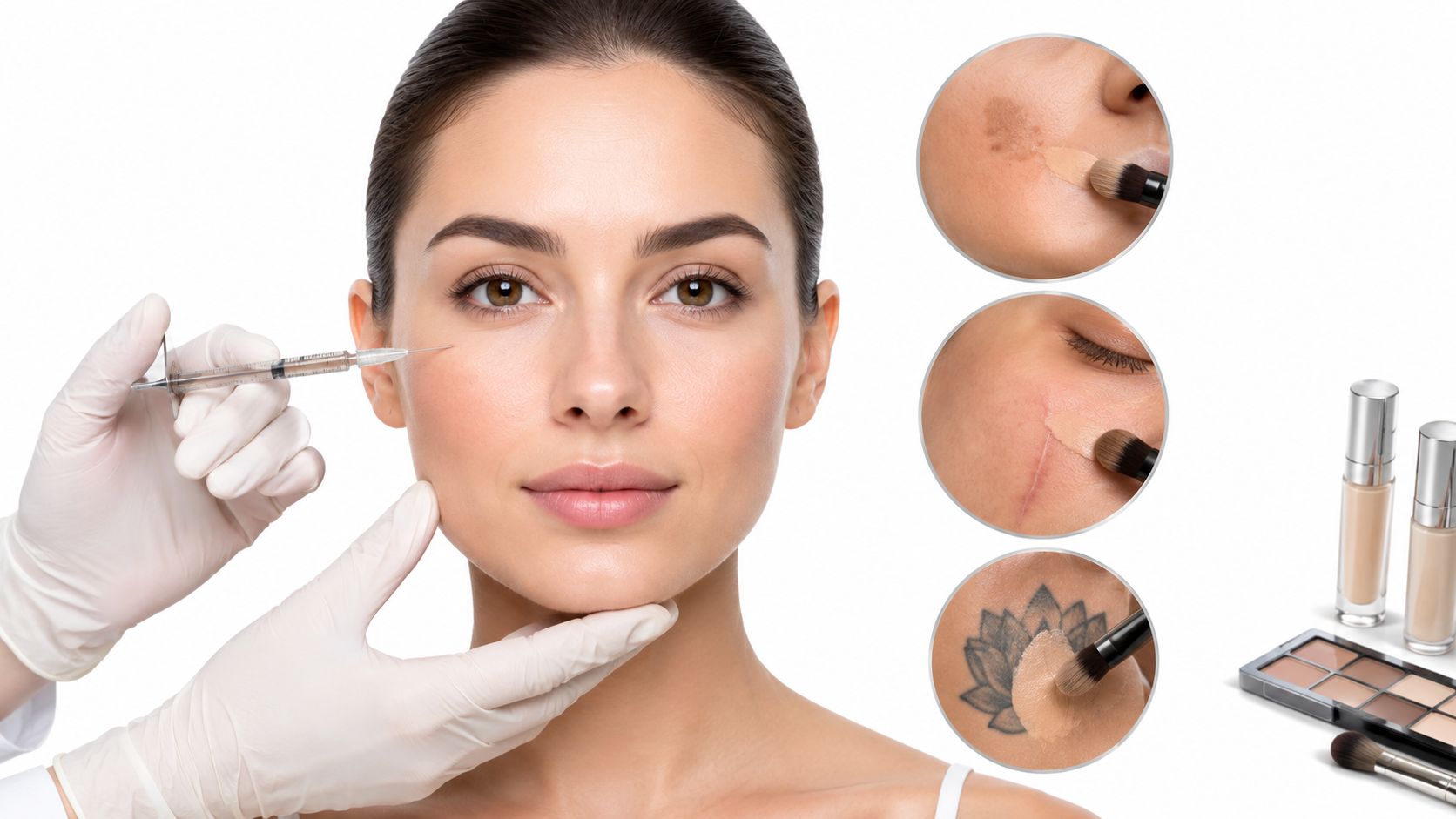 A dermatologist performing facial injection treatment with makeup examples for covering skin imperfections and tattoos.
