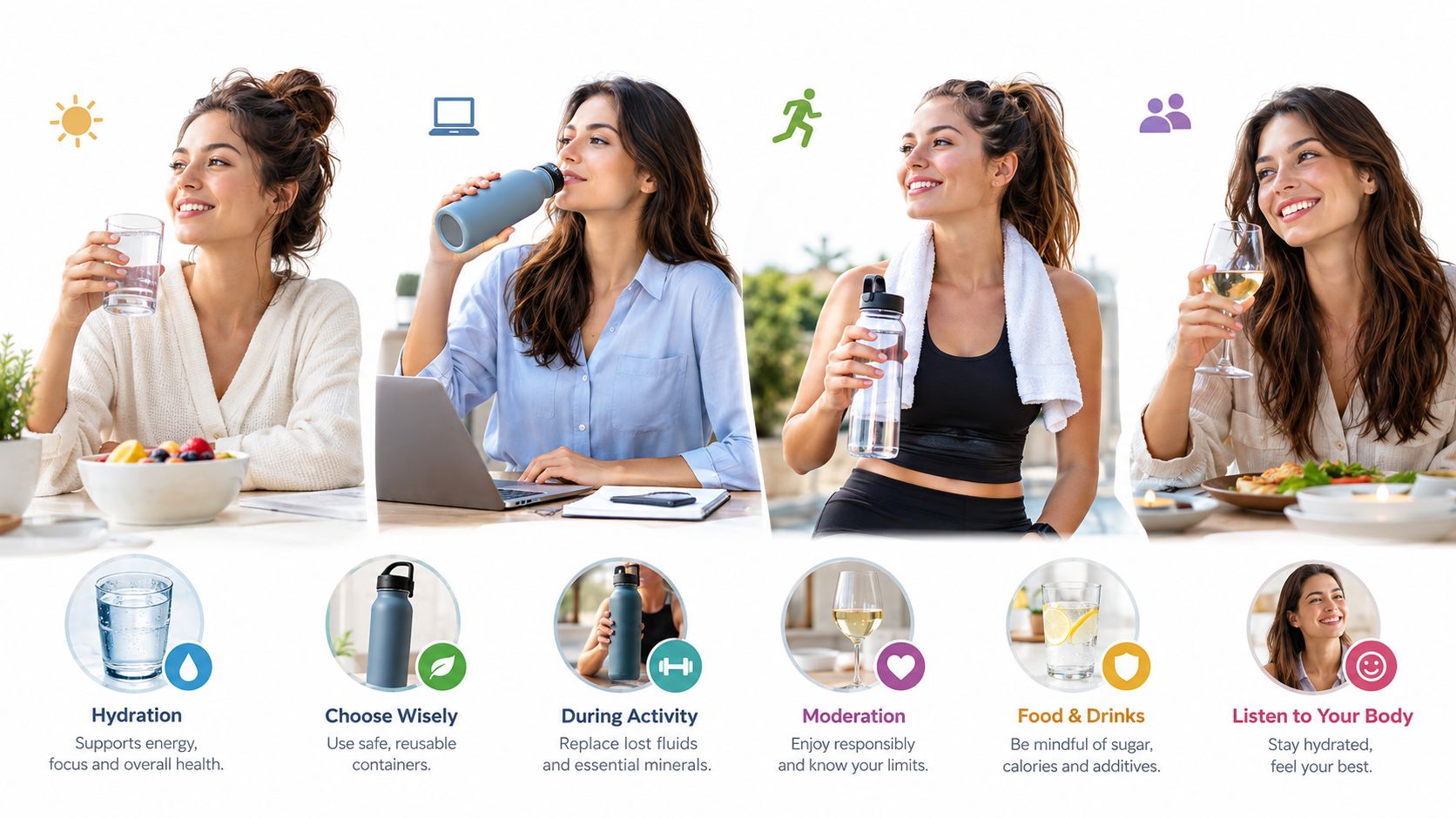 A woman illustrating healthy hydration habits during daily activities, including working, exercising, and social dining, with instructional icons.