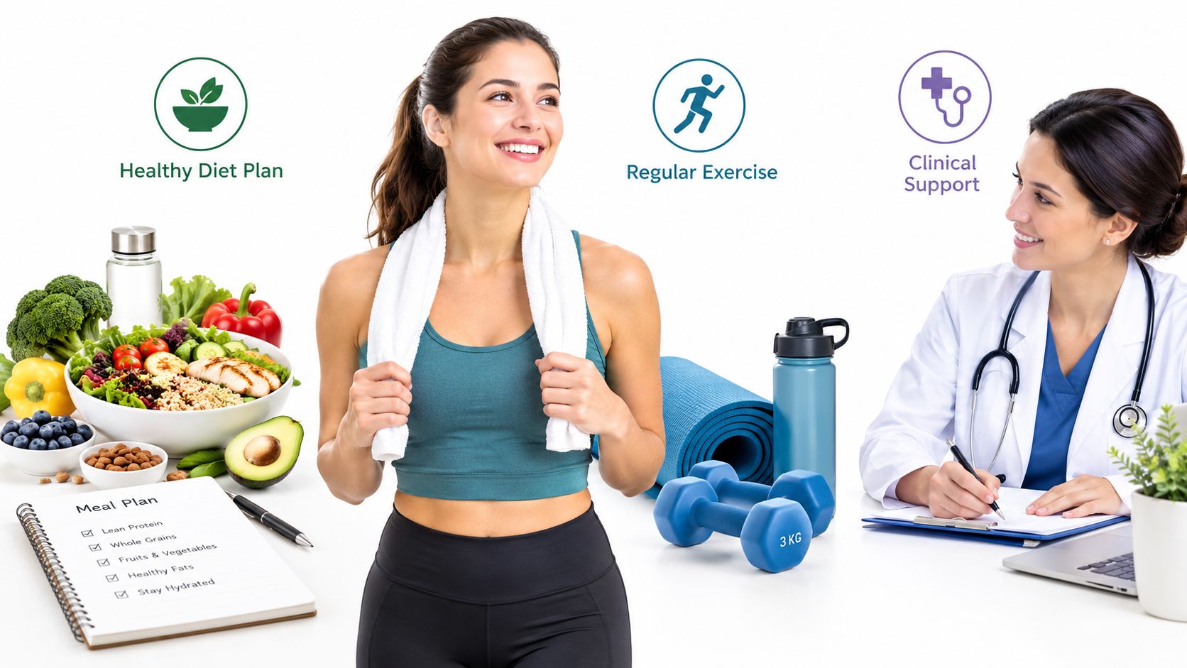 A healthy woman with a towel, fresh food, and a doctor, representing a comprehensive weight loss plan.