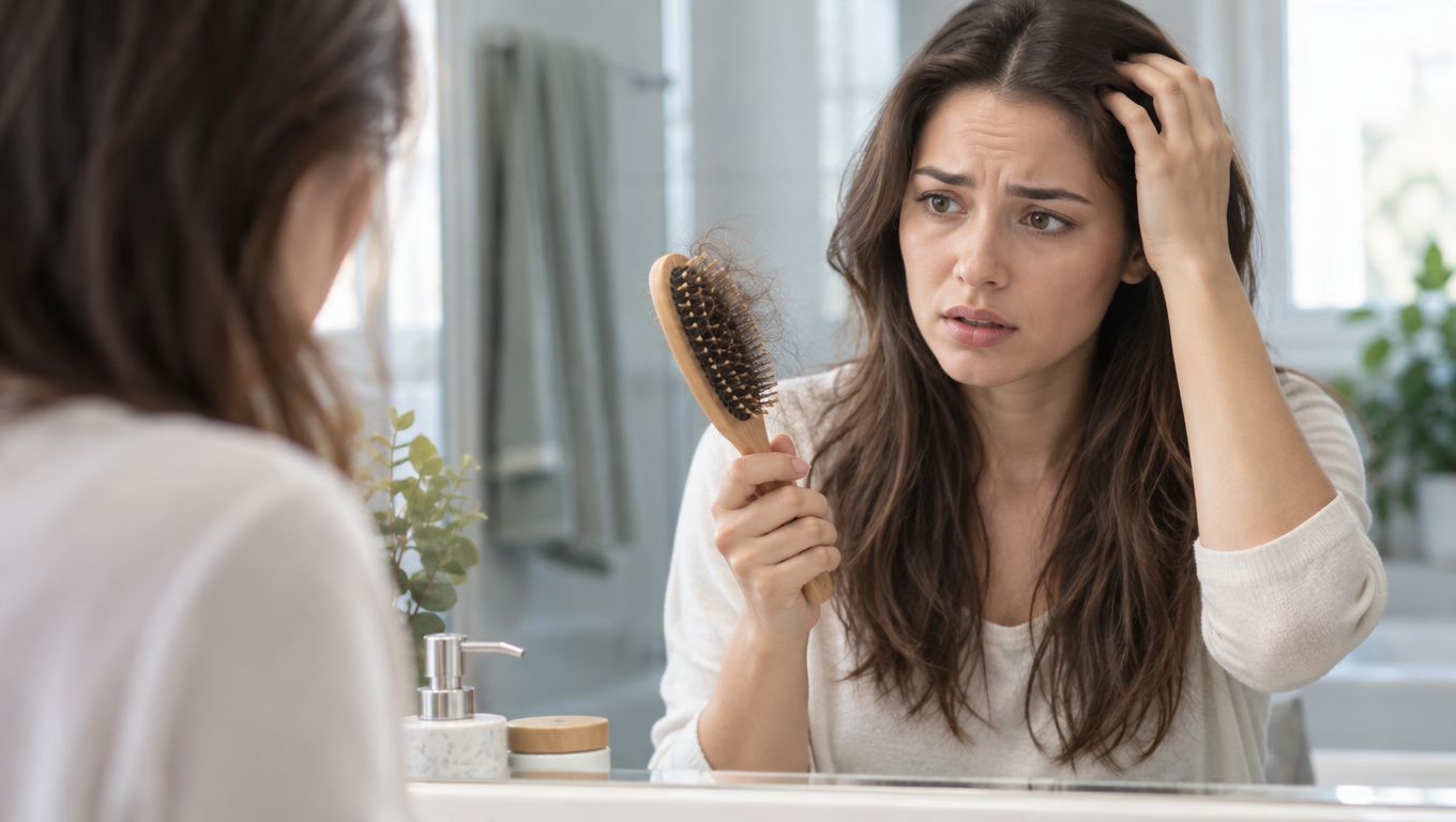 A concerned woman looking at her hairbrush covered with shed hair while standing in front of bathroom mirror.