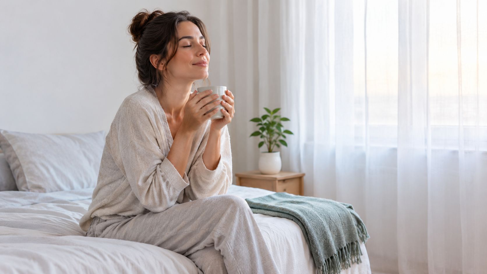 A serene woman enjoying a warm cup of coffee while sitting comfortably on her cozy bed.
