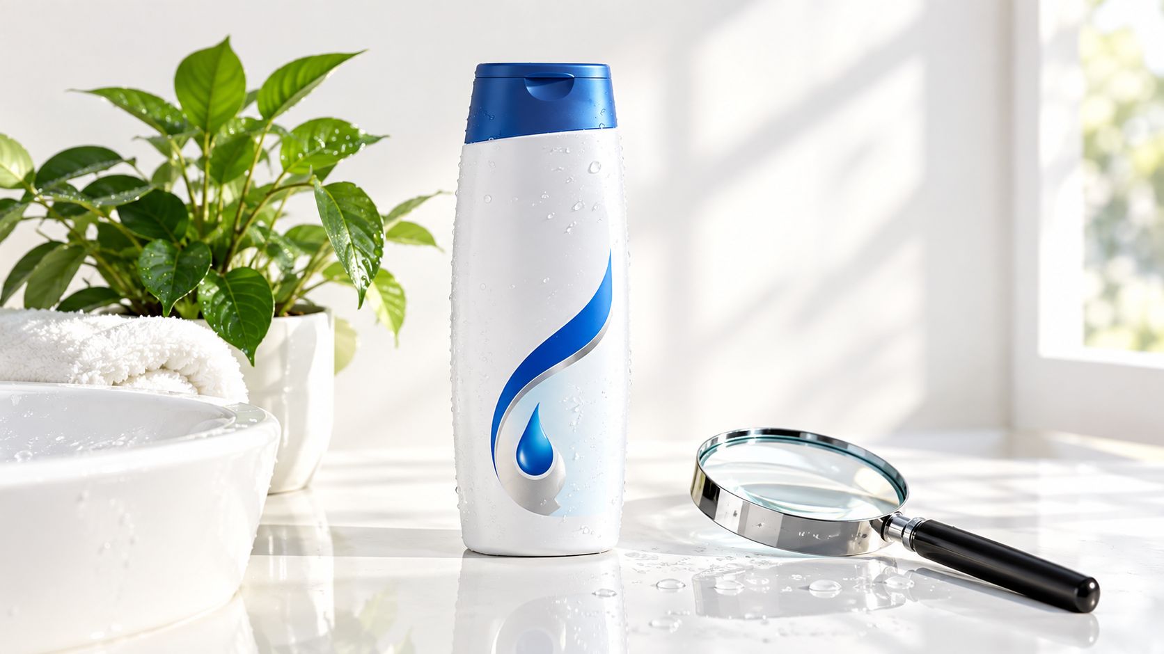 A bottle of shampoo with water droplets sitting on a marble counter next to a magnifying glass.