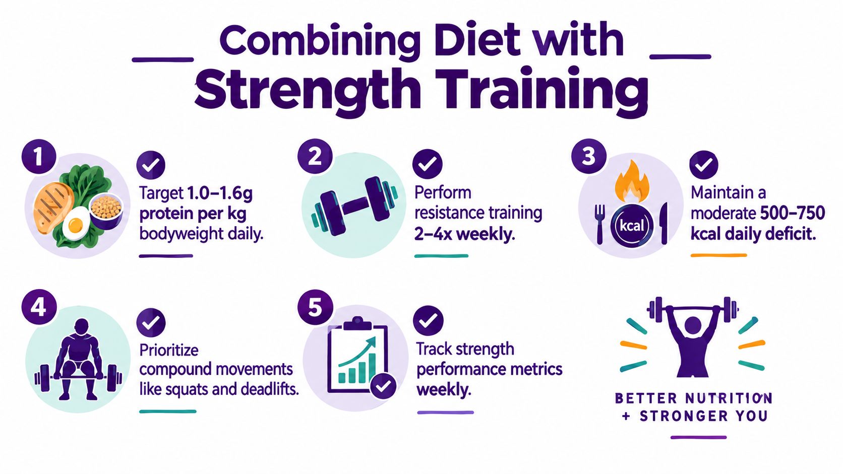An infographic detailing five key steps to successfully combine a healthy diet with strength training exercises.