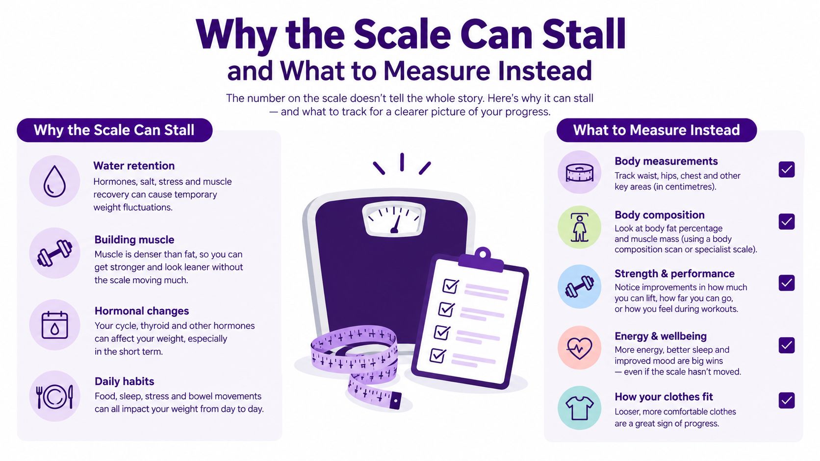 An infographic explaining why scale weight can fluctuate and suggesting alternative metrics for tracking health progress.