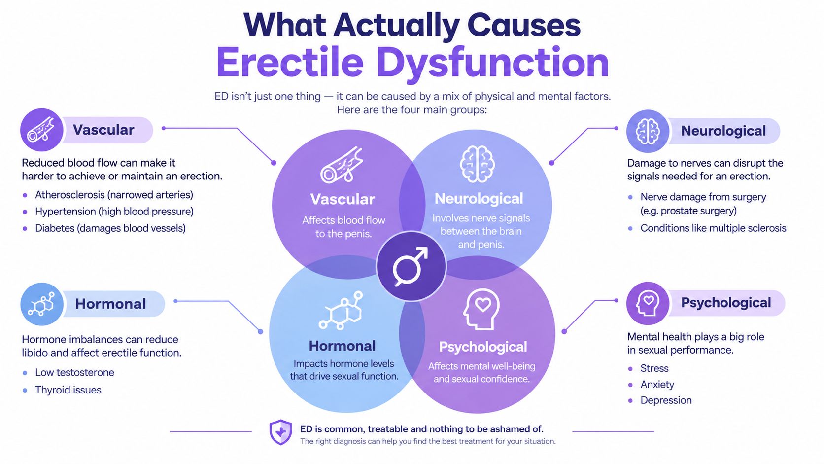 An infographic illustrating four main categories of erectile dysfunction causes: vascular, neurological, hormonal, and psychological factors.
