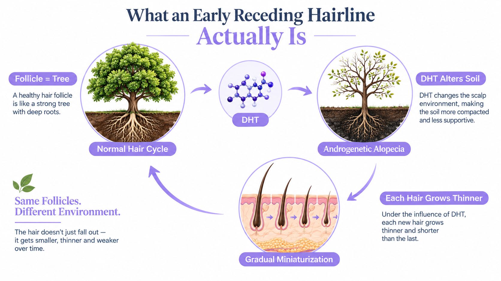 An infographic illustrating how DHT causes hair follicles to miniaturize, leading to an early receding hairline.
